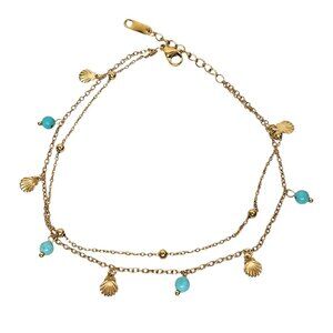 Bohemian Ankle Bracelet Shell Charms‎ & Turquoise Beads Gold-Toned S. Steel